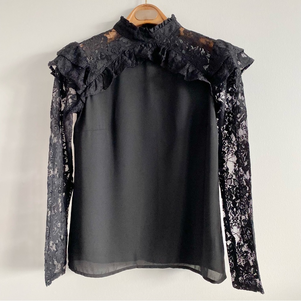 Belle Sky Black Ruffle Lace Long Sleeve Top Size XS